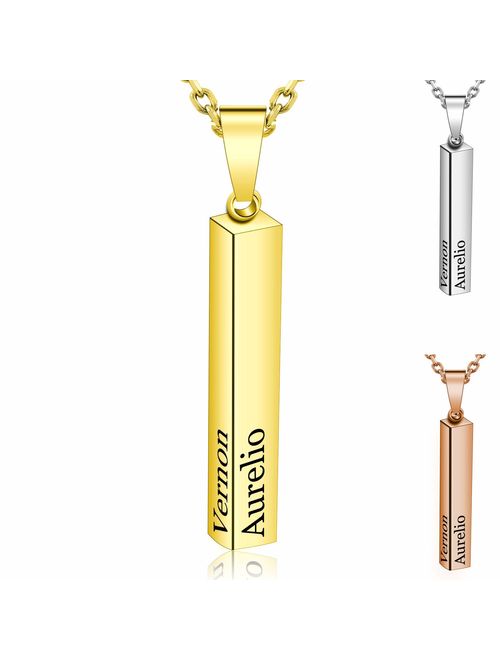 Amlion Personalized 4 Sided Vertical Engraved 3D Bar Necklace,Custom Pendant Necklaces