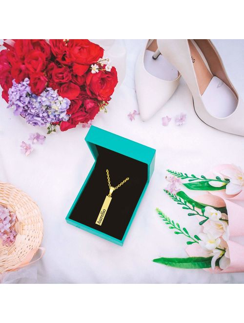 Amlion Personalized 4 Sided Vertical Engraved 3D Bar Necklace,Custom Pendant Necklaces