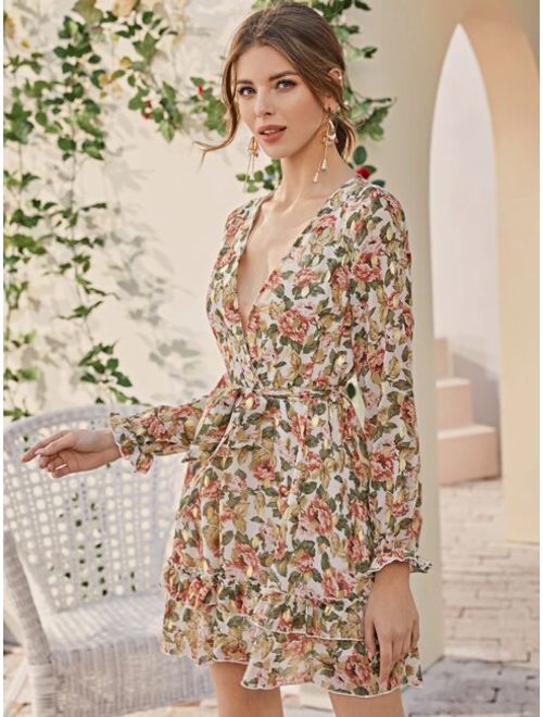 Plunging Neck Ruffle Trim Belted Floral Dress