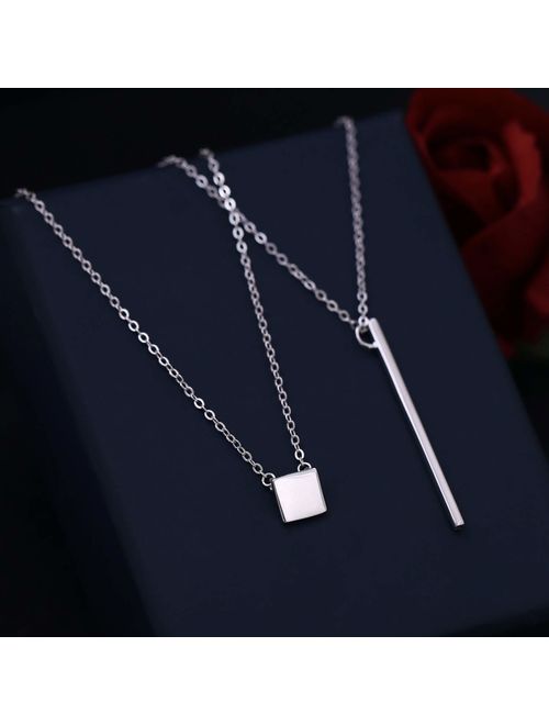 VogueWe 925 Sterling Silver Long Vertical Bar Pendant Necklace, Floating Square Necklace, Delicate Layering Necklace for Women