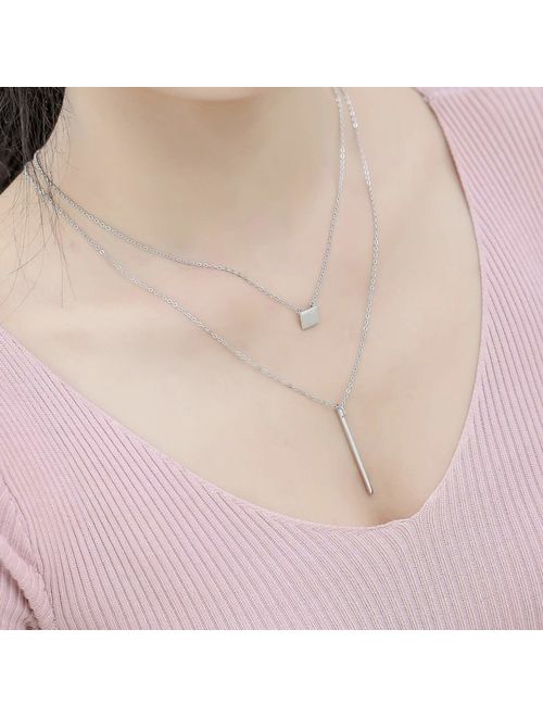 VogueWe 925 Sterling Silver Long Vertical Bar Pendant Necklace, Floating Square Necklace, Delicate Layering Necklace for Women