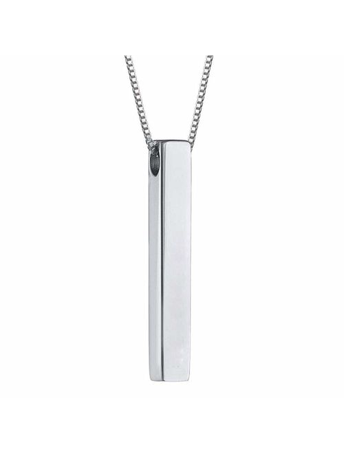 Ouslier 925 Sterling Silver Necklace 4 Sided Vertical Plain 3D Bar Pendant 18+2" Extender Chain