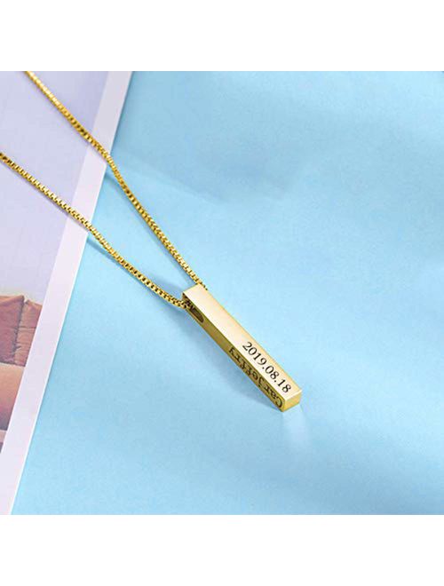 Funcok Personalized 925 Sterling Silver 3D Bar Pendant Name Necklace Engraving Custom Made Jewelry Gifts
