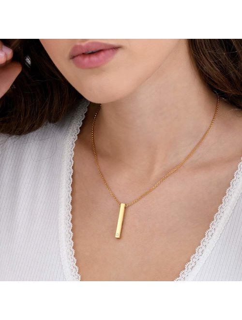 LONAGO Personalized Vertical Bar Name Necklace Customized 3D 4 Sided Engravable Cuboid Stick Pendant Sterling Silver Brass Jewelry Gift for Women Girls