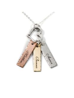 Mixed Tone Triple Bar Sterling Silver Personalized Necklace with Heart Charm. 14k Gold Plated, Rose Gold Plated, and Sterling Silver charm. Choice of Sterling Silver Chai