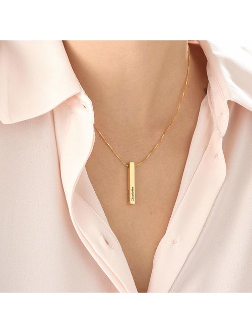 Handmade Personalized Women's Engraved 3D Bar Name Necklace in 18K Gold Plated Sterling Silver 925 - Custom Made Woman Mother's Day, Birthday Jewelry Gift for Her Mom Gra