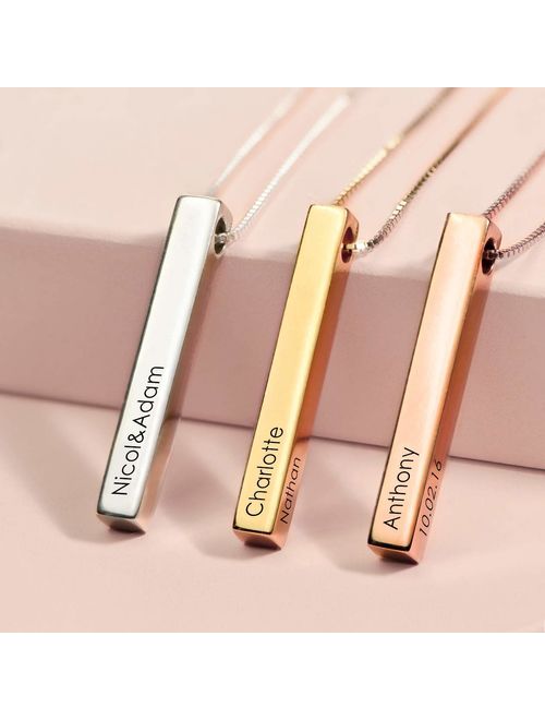 Handmade Personalized Women's Engraved 3D Bar Name Necklace in 18K Gold Plated Sterling Silver 925 - Custom Made Woman Mother's Day, Birthday Jewelry Gift for Her Mom Gra