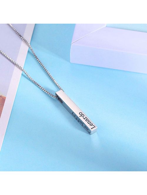 LENOSHE Personalized Bar Name Necklace Sterling Silver 4 Sided Vertical Engraved 3D Bar Name Pendant Necklace