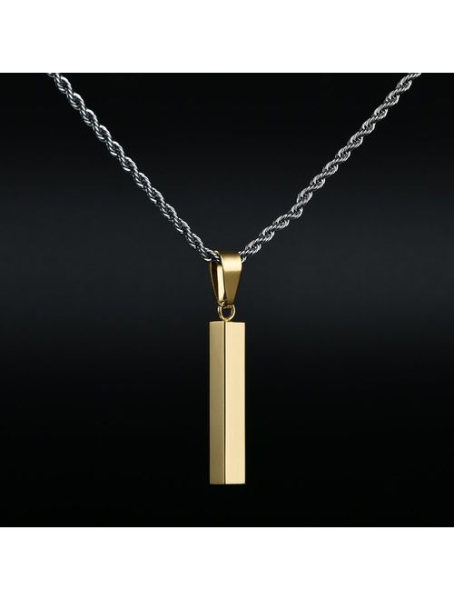 Personalized Custom Engraved Solid Stainless Steel Vertical Bar Pendant Necklace with Chain