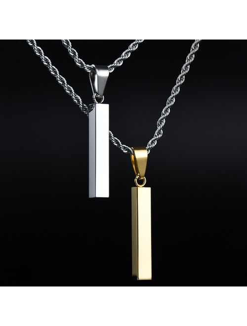 Personalized Custom Engraved Solid Stainless Steel Vertical Bar Pendant Necklace with Chain
