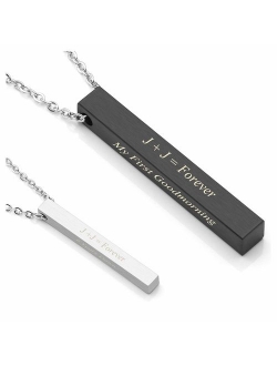 PiercingJ 2pcs Personalized Custom Engrave Initial Name Date Words Stainless Steel 4 Sided 3D Vertical Cuboid Bar Pendant Necklace Chain Matching Couples Necklaces Set