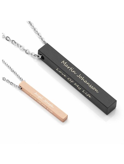 PiercingJ 2pcs Personalized Custom Engrave Initial Name Date Words Stainless Steel 4 Sided 3D Vertical Cuboid Bar Pendant Necklace Chain Matching Couples Necklaces Set