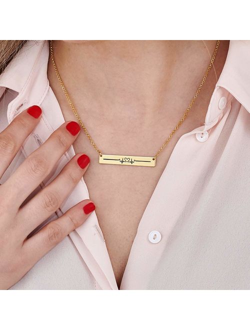MyNameNecklace Personalized Bar with Heart Beat Cardiogram Engraved Necklace - Custom Name Jewelry Valentine's Day Love Gift for Her