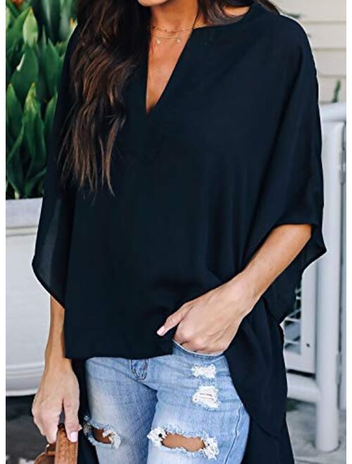 Happy Sailed Women Stylish V Neck Chiffon Tops Casual Solid Blouse Loose High Low Shirts S-2XL
