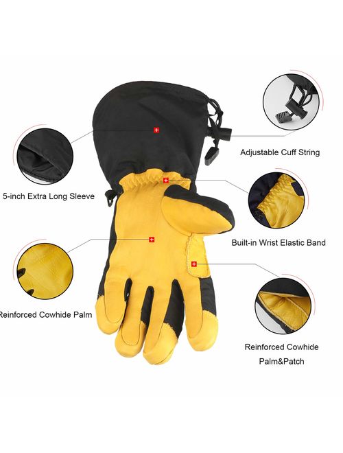 OZERO Winter Ski Snow Gloves Mitten Windproof Work Glove Cowhide Leather Palm Water Resistant for Skiing/Snowmobile/Shovel