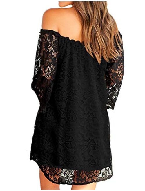 OURS Off Shoulder 3/4 Sleeve Floral Lace Shift Loose Mini Dress