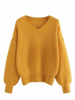 Women's Loose V Neck Drop Shoulder Long Sleeve Jumper Sweater