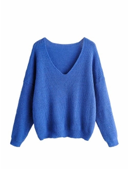 Women's Loose V Neck Drop Shoulder Long Sleeve Jumper Sweater