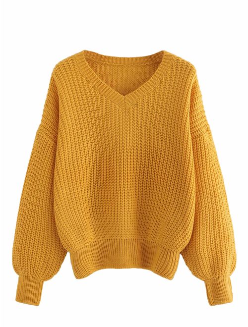 MAKEMECHIC Women's Loose V Neck Drop Shoulder Long Sleeve Jumper Sweater