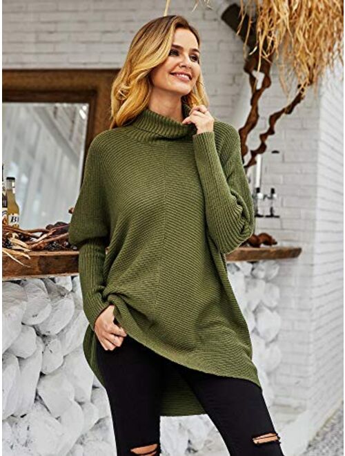 Nulibenna Womens Turtleneck Long Batwing Sleeve Sweater Asymmetric Hem Casual Winter Pullover Ribbed Knit Tops