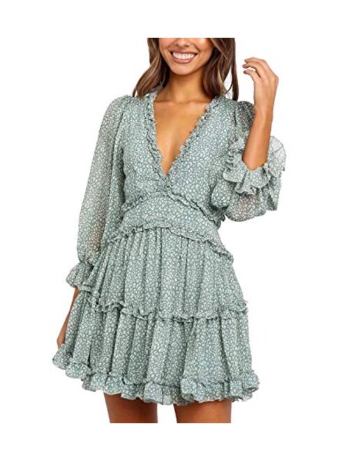 T1FE 1SFE Boho Ruffle Floral Print Dress Long Sleeve Deep V Neck Backless Swing Mini Dresses for Women Party Wedding