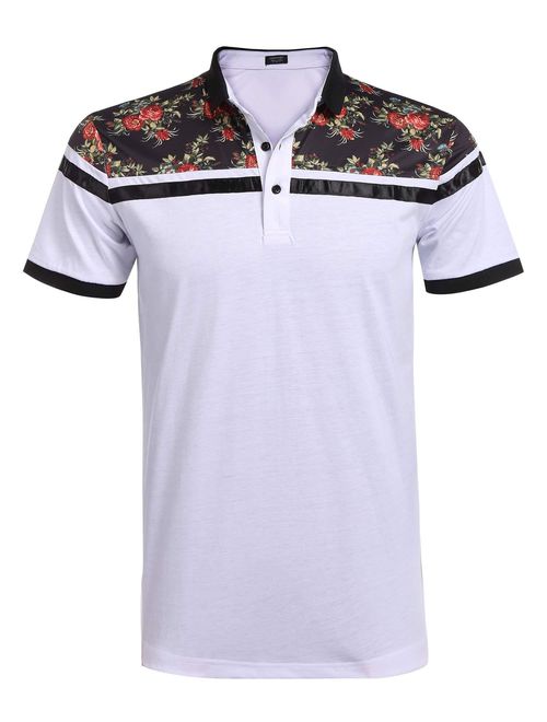 COOFANDY Men's Classic Floral Stripe Long Short Sleeve Light Weight Polo Shirts