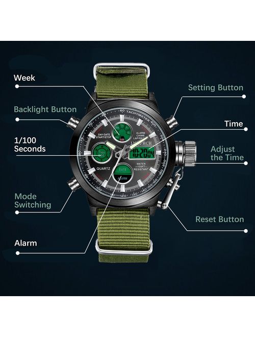 LYMFHCH Mens Black Big Face Sports Watch, LED Digital Analog Waterproof Military Luminous Stopwatch Army Green Wrist Watch