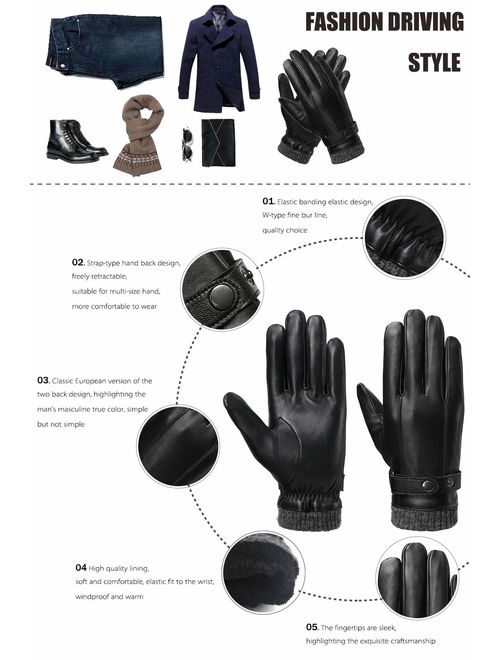 Leather Gloves for Men, with 3M Thinsulate Full-Hand Touchscreen Texting Driving Cold Weather Mittens