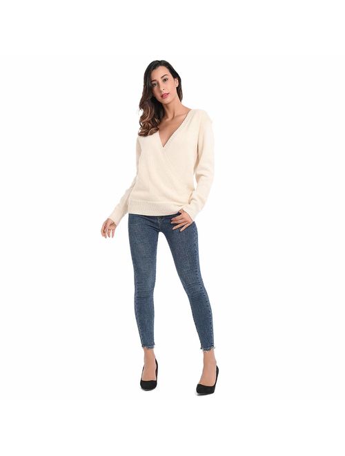 JTANIB Women's Deep V-Neck Sexy Knitted Sweaters Long Sleeve Wrap Front Loose Pullover Jumper Tops