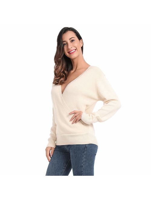 JTANIB Women's Deep V-Neck Sexy Knitted Sweaters Long Sleeve Wrap Front Loose Pullover Jumper Tops