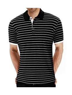 MLANM Men's Long/Short Sleeve Stripe Polo Shirts Casual Slim Fit Basic Designed Cotton Shirts