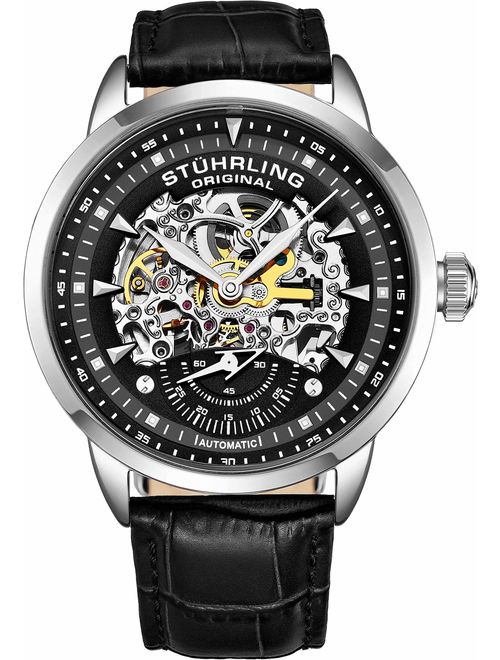 Stuhrling Original Mens Automatic Watch Skeleton Watches for Men - Black Leather Watch Strap Mechanical Watch Silver Executive Watch Collection