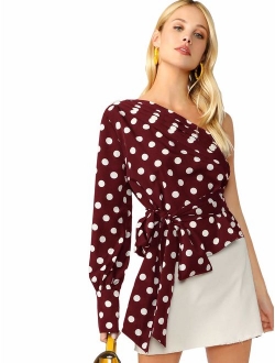 Women's One Shoulder Short Puff Sleeve Self Belted Solid Blouse Top
