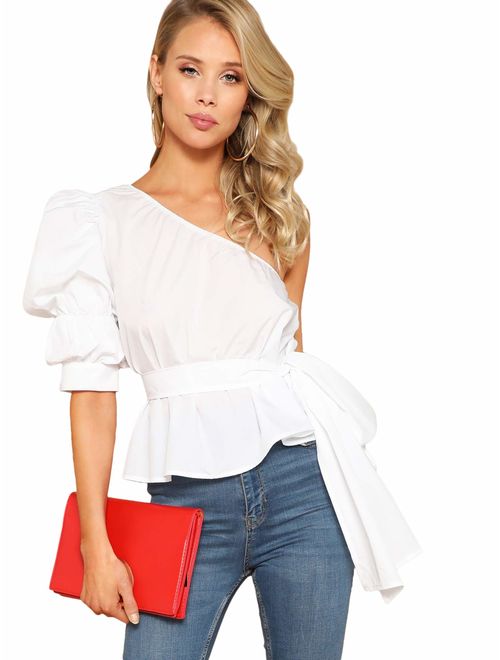 Romwe Women's One Shoulder Short Puff Sleeve Self Belted Solid Blouse Top