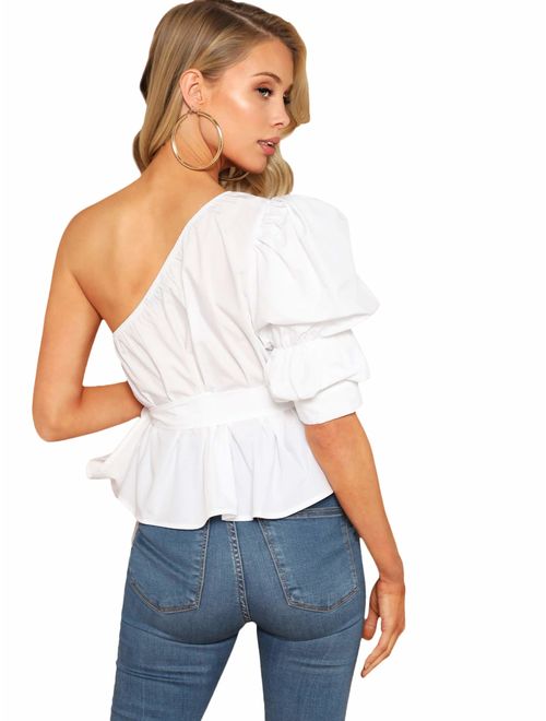 Romwe Women's One Shoulder Short Puff Sleeve Self Belted Solid Blouse Top