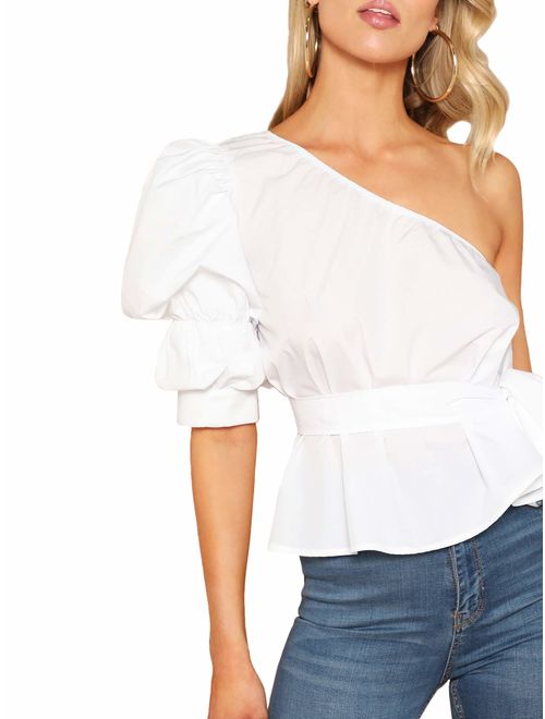 Romwe Women's One Shoulder Short Puff Sleeve Self Belted Solid Blouse Top