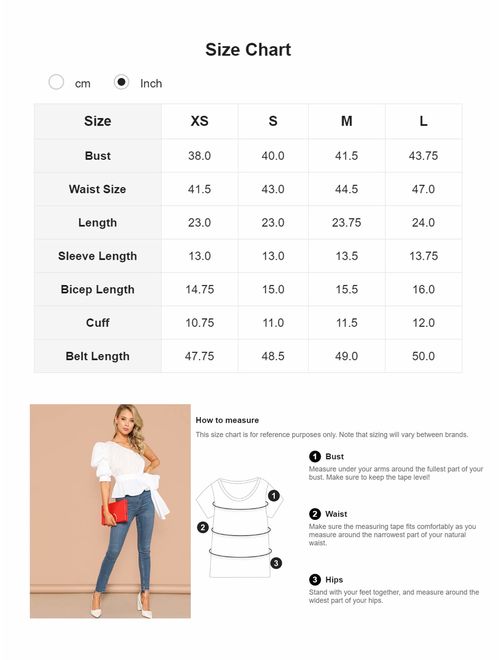 Romwe Women's One Shoulder Short Puff Sleeve Self Belted Solid Blouse Top