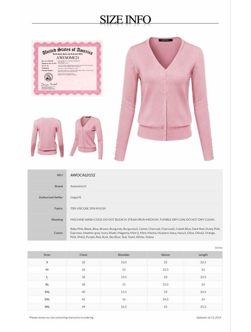 Women's Basic Solid V-Neck Button Closure Long Sleeves Sweater Cardigan