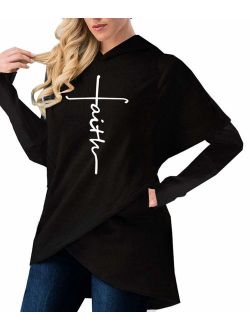 Women's Long Sleeve Hoodie Asymmetric Hem Wrap Hooded Sweatshirt Letter Print Pullover Tops with Pockets