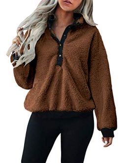 KIRUNDO Winter Women's Mock Neck Pullover Long Sleeves Half Button Closure Sweatshirt Fleeces Ribbed Hem Outwear