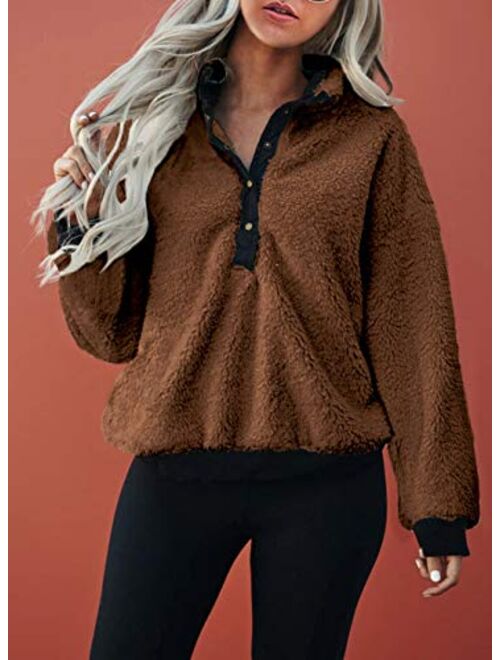 KIRUNDO Winter Women's Mock Neck Pullover Long Sleeves Half Button Closure Sweatshirt Fleeces Ribbed Hem Outwear