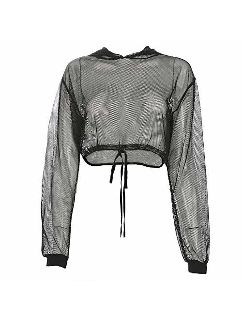 Velius Womens Sexy Mesh Fishnet Hollow Out Long Sleeve Crop Top Hooded Shirts