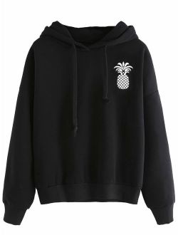 Women's Cute Casual Plain Pineapple Print Drop Shoulder School Pullover Hooded Sweatshirt