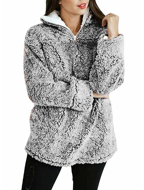 MIROL Women's Long Sleeve 1/4 Zipper Pullover Sherpa Fleece Winter Oversized Outwear Sweatshirt Coat with Pockets