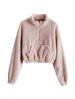 Women's Long Sleeve Hoodie Faux Fur Solid Color Crop Pullover Sweatshirt Tops