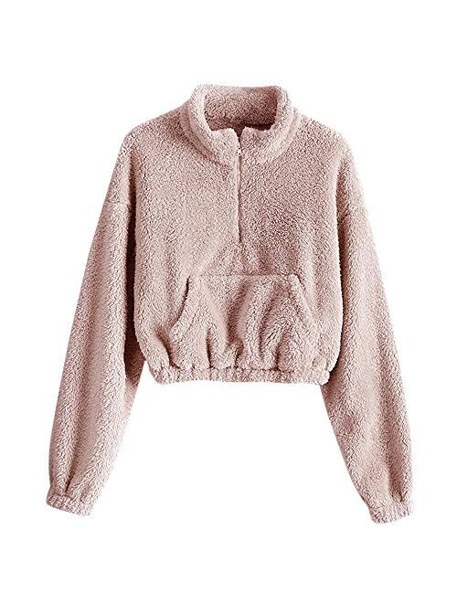 ZAFUL Women's Long Sleeve Hoodie Faux Fur Solid Color Crop Pullover Sweatshirt Tops