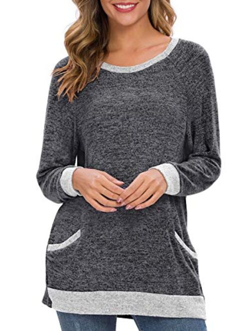 LILBETTER Womens Casual Color Block Long Sleeve Round Neck Pocket T Shirts Blouses Sweatshirts Tops