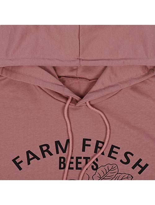VILOVE Women Schrute Farms Print Hoodie Pullover Sweatshirt Letter Graphic Tees Long Sleeve Tops with Pockets