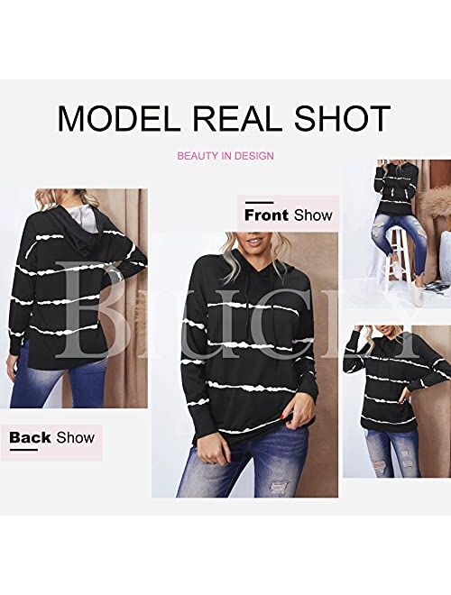 Biucly Womens Casual Loose Color Block Long Sleeve Solid Crew Neck Soft Pullovers Blouses Sweatshirt Shirt Tops(S-2XL)