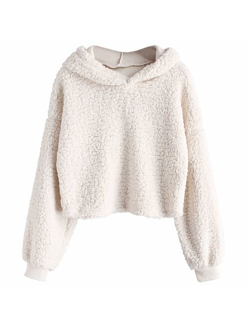 ZAFUL Women's Fuzzy Faux Fur Oversized Pullover Crop Hoodie Sweatshirt